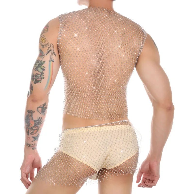 Suit of Glitter Fishnet Tank Top + Short | dmunderwear detail image 3