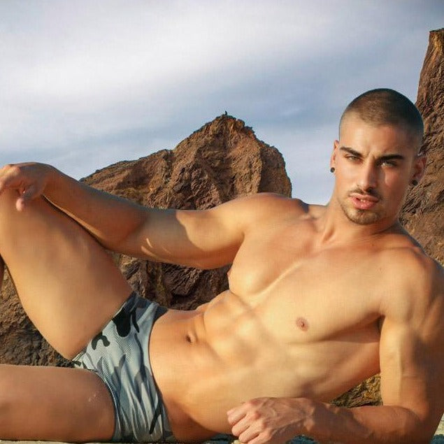 Taddlee Grey Camo Square Cut Swim Trunks | dmunderwear detail image 2