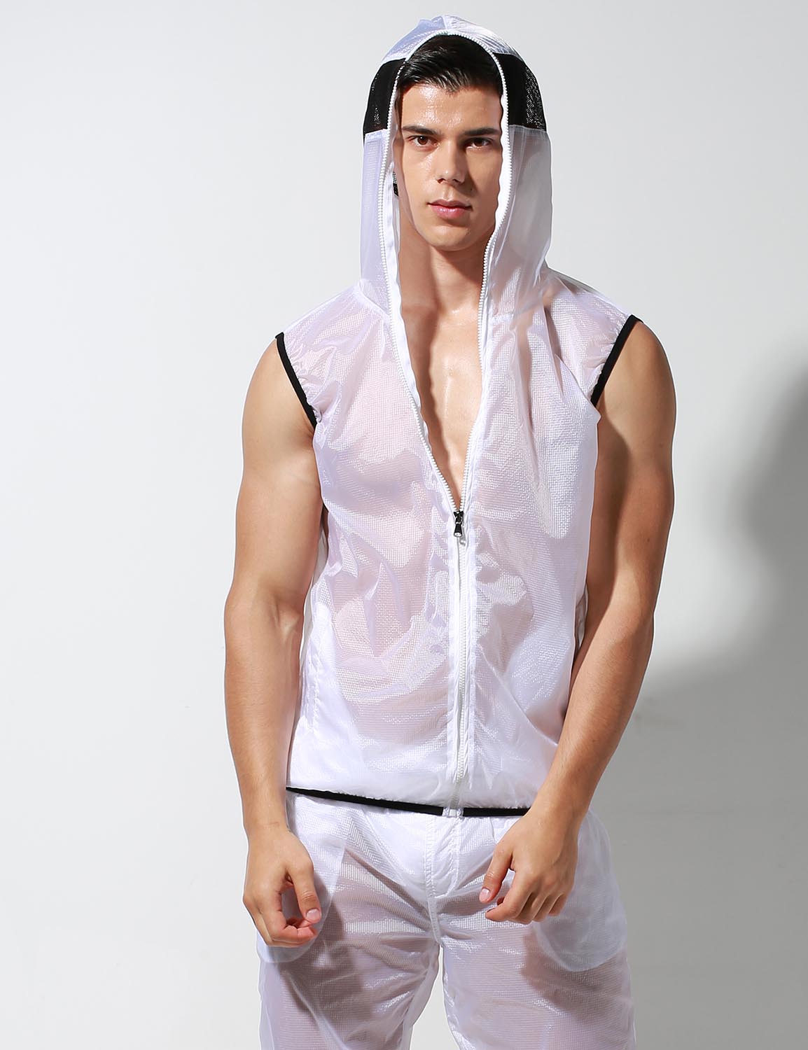 Translucent Quick-Dry Sport Sleeveless Hooded Jacket S2901 | dmunderwear detail image 15