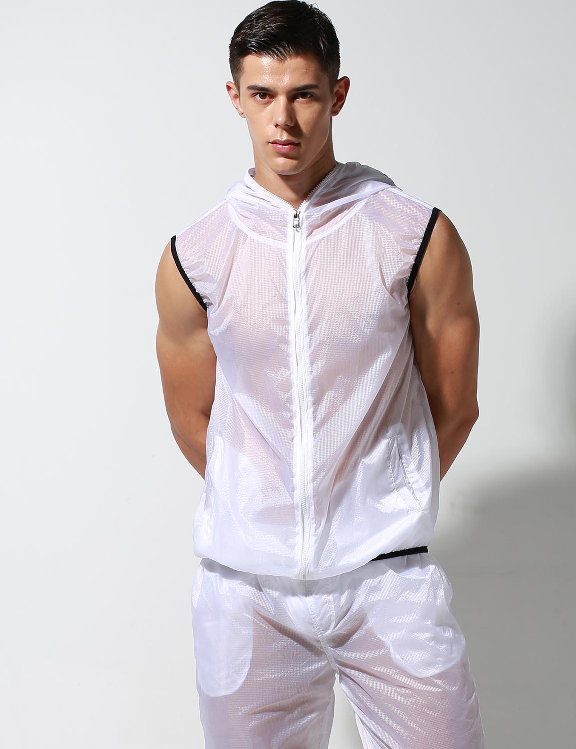 Translucent Quick-Dry Sport Sleeveless Hooded Jacket S2901 | dmunderwear detail image 16
