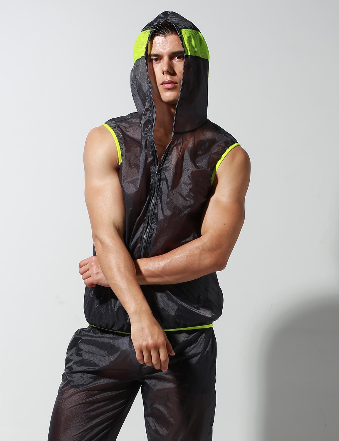 Translucent Quick-Dry Sport Sleeveless Hooded Jacket S2901 | dmunderwear detail image 7