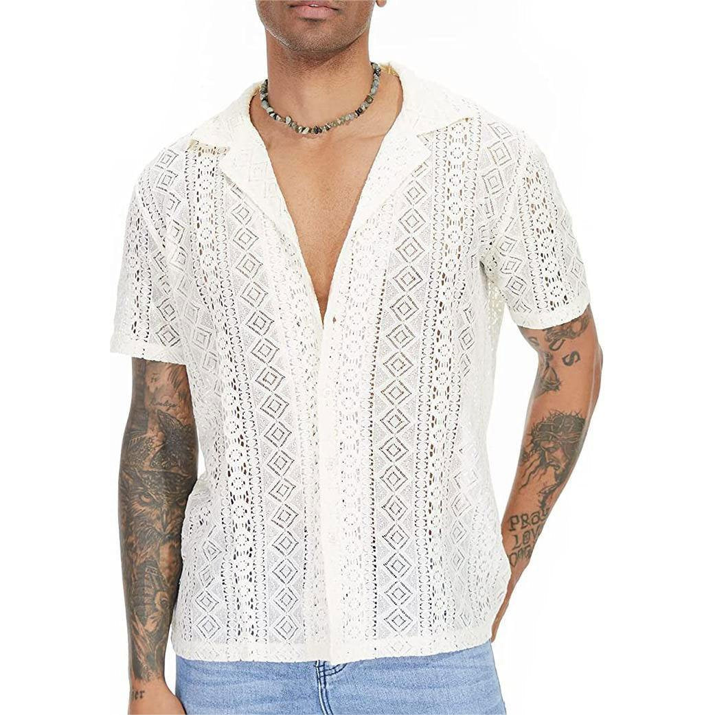 Turnover collar hollow out short sleeve lace hem solid top | dmunderwear