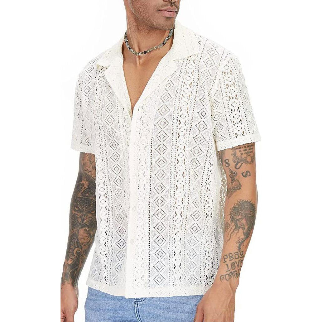 Turnover collar hollow out short sleeve lace hem solid top | dmunderwear detail image 3