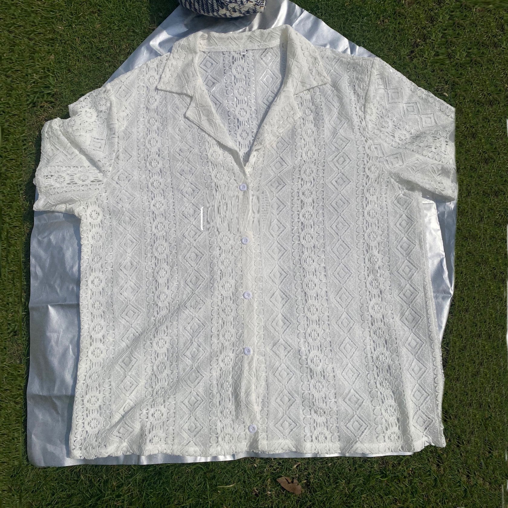 Turnover collar hollow out short sleeve lace hem solid top | dmunderwear detail image 9