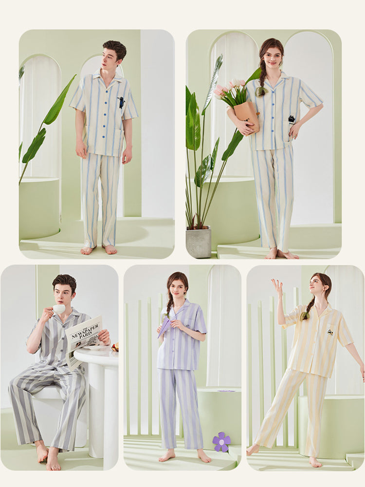 Ultra-Soft Cotton Thin Long-Sleeve Striped Lightweight Luxury Soft Pajama Sets | dmunderwear detail image 10
