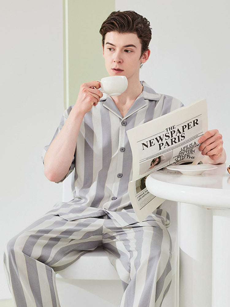 Ultra-Soft Cotton Thin Long-Sleeve Striped Lightweight Luxury Soft Pajama Sets | dmunderwear detail image 11