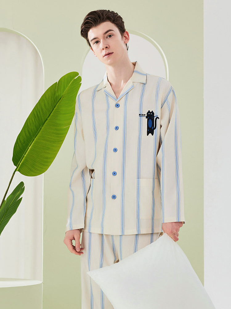 Ultra-Soft Cotton Thin Long-Sleeve Striped Lightweight Luxury Soft Pajama Sets | dmunderwear detail image 16