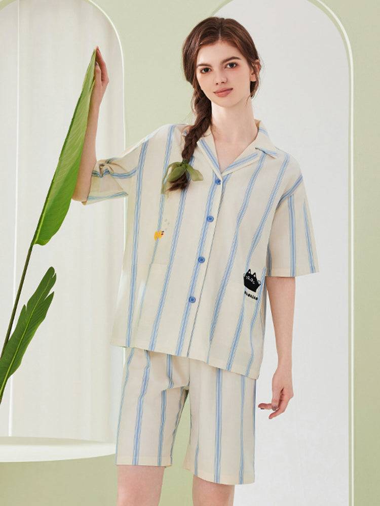 Ultra-Soft Cotton Thin Long-Sleeve Striped Lightweight Luxury Soft Pajama Sets | dmunderwear detail image 18