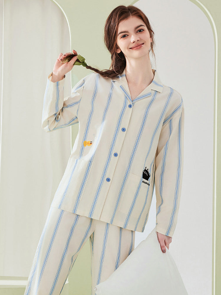 Ultra-Soft Cotton Thin Long-Sleeve Striped Lightweight Luxury Soft Pajama Sets | dmunderwear detail image 19
