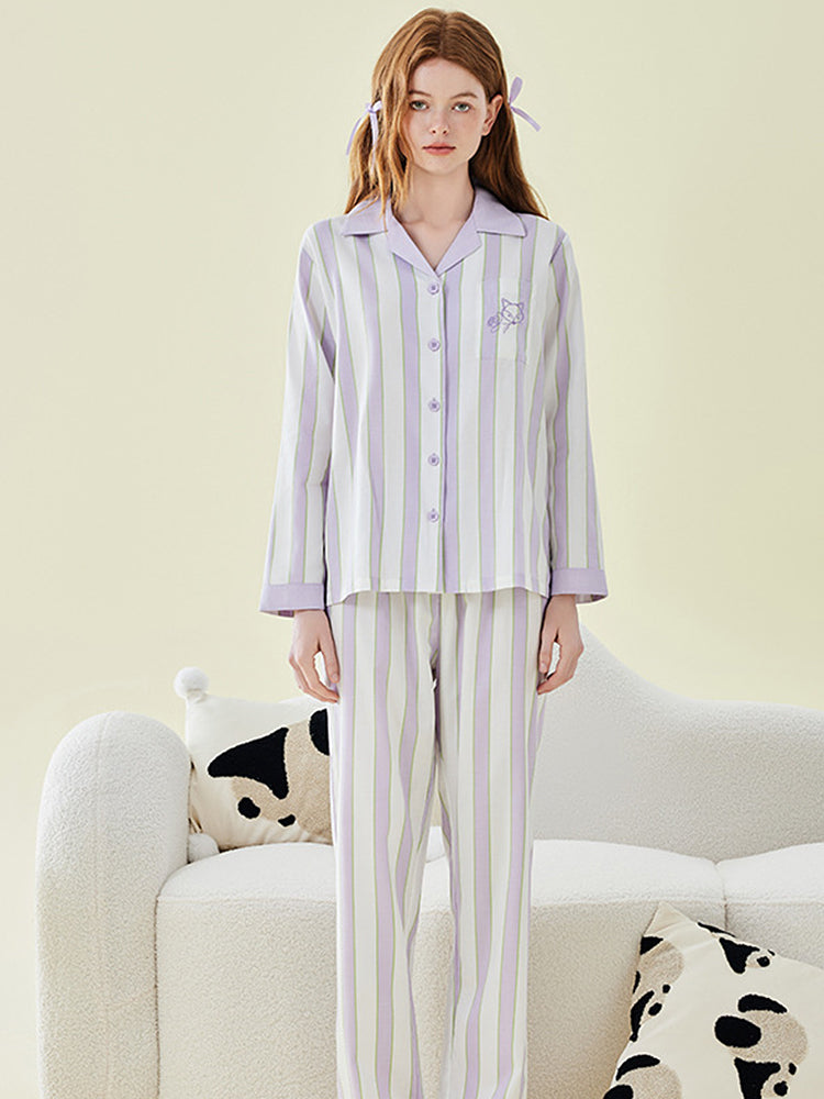 Ultra-Soft Cotton Thin Long-Sleeve Striped Lightweight Luxury Soft Pajama Sets | dmunderwear detail image 20