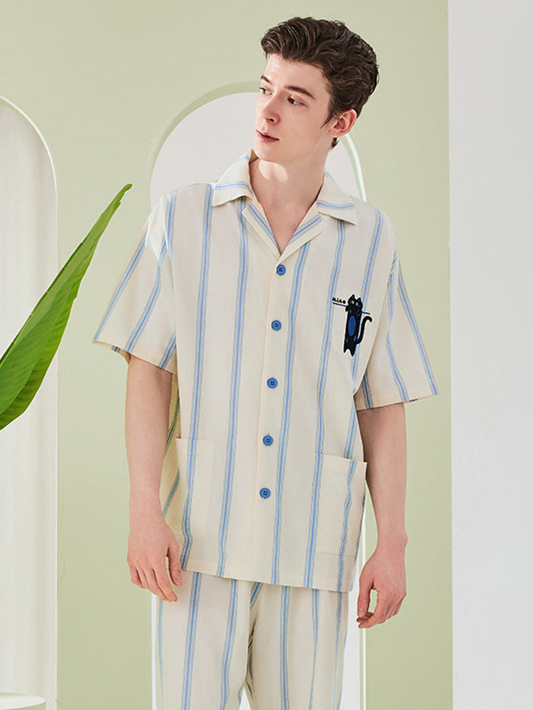 Ultra-Soft Cotton Thin Long-Sleeve Striped Lightweight Luxury Soft Pajama Sets | dmunderwear detail image 6
