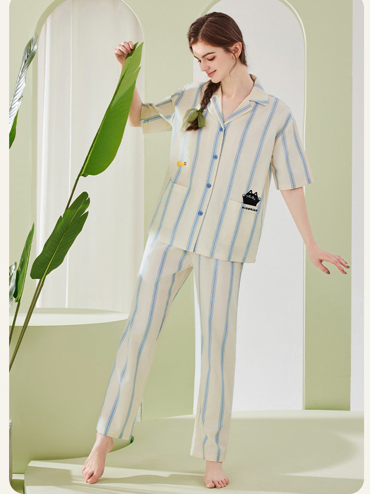 Ultra-Soft Cotton Thin Long-Sleeve Striped Lightweight Luxury Soft Pajama Sets | dmunderwear detail image 7