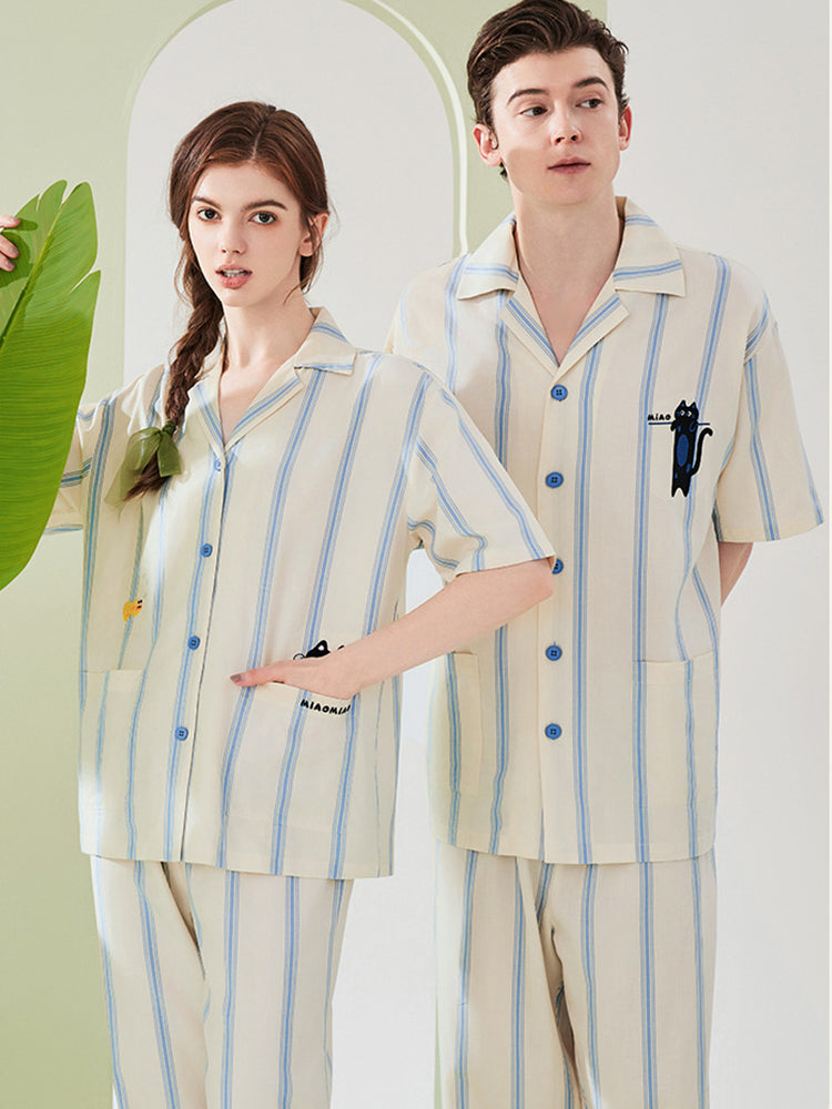 Ultra-Soft Cotton Thin Long-Sleeve Striped Lightweight Luxury Soft Pajama Sets | dmunderwear detail image 8